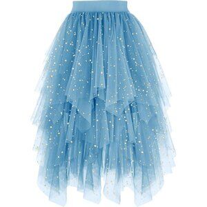 Tulle Sequin Gray Blue for Women High Waist Elastic Midi Skirt Mesh Tutu Skirt